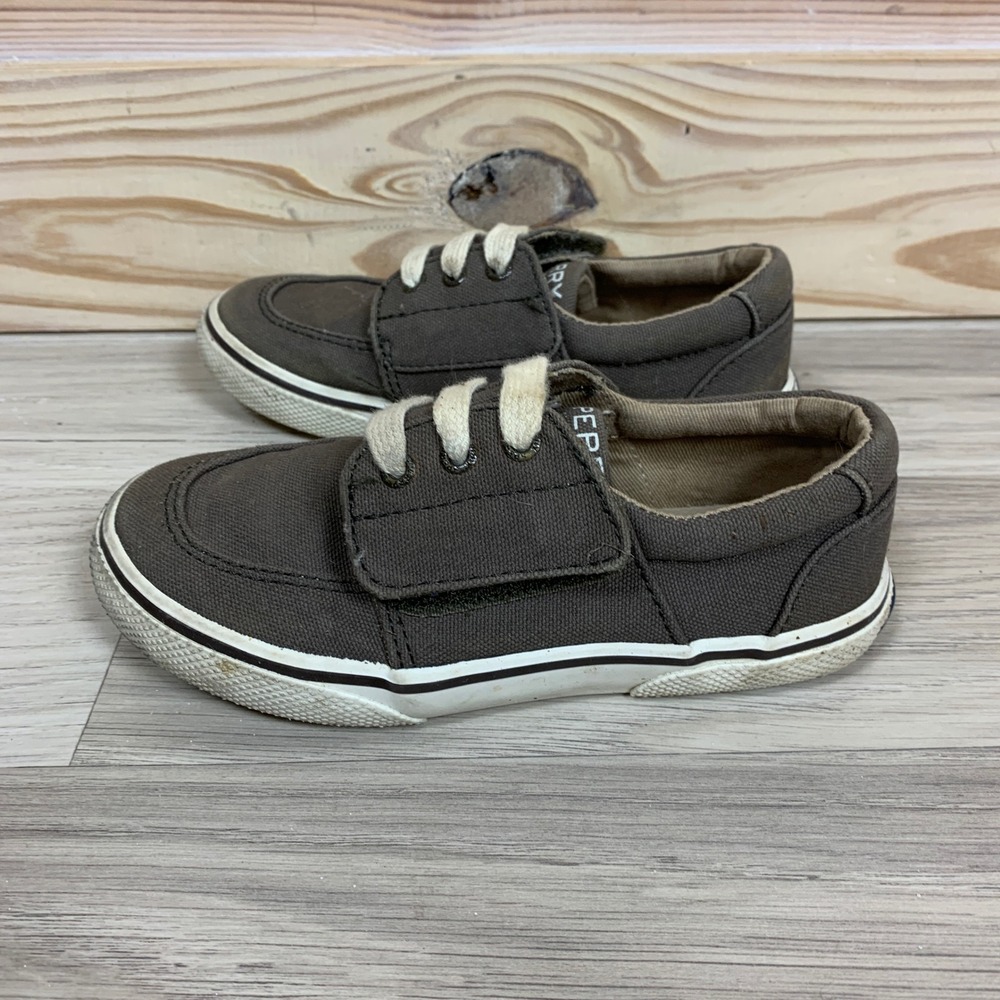 Sperry Ollie Jr Sneakers Kids 10M Brown Canvas Hook Loop Boat Shoe